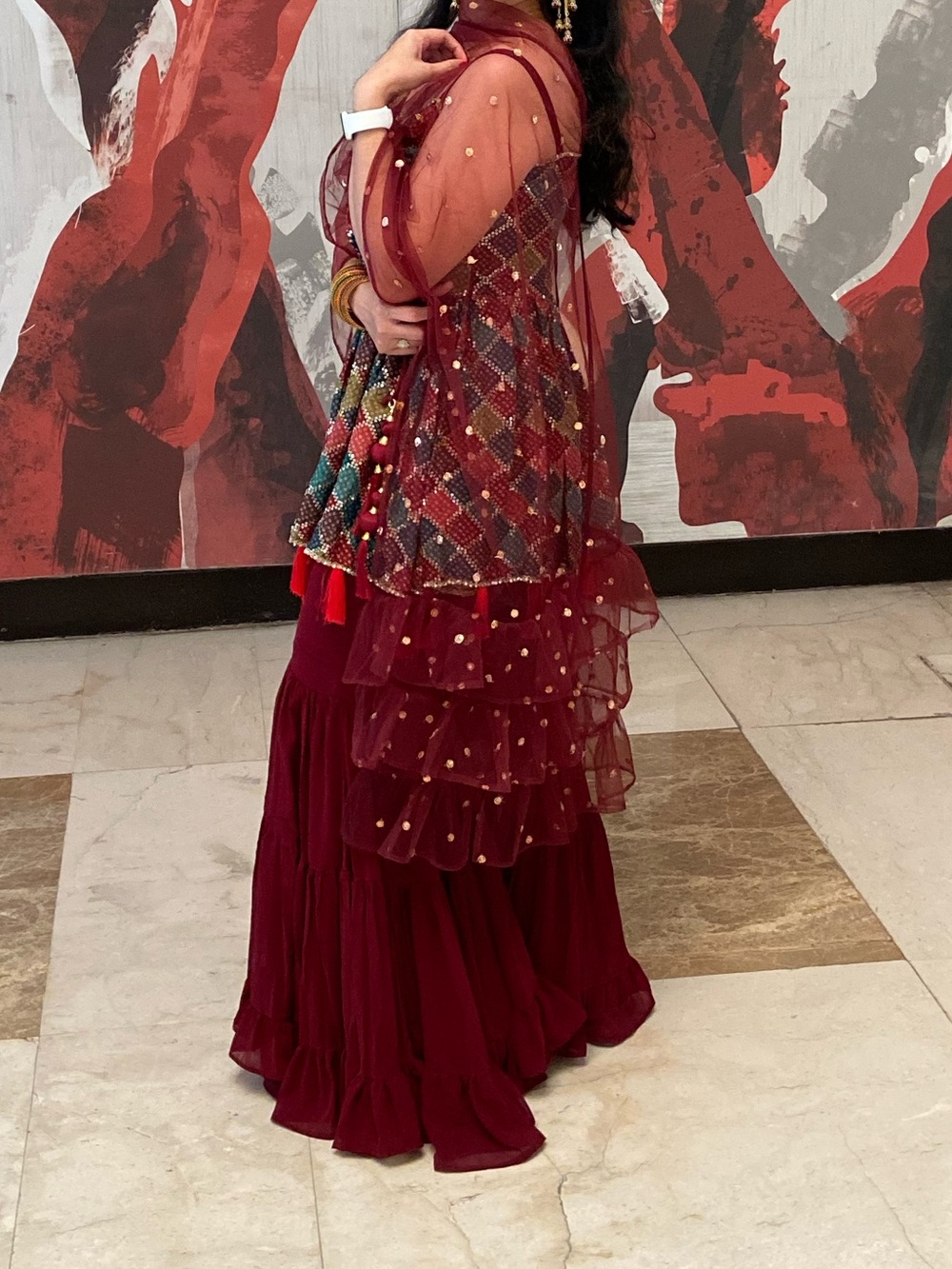Red Embellished Indian sharara  Set with Sequined Dupatta - Picture 4 of 5